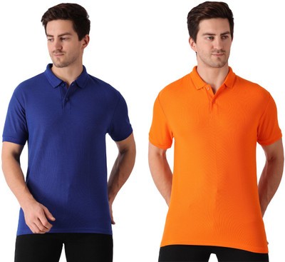 Maleno Solid Men Polo Neck Blue, Orange T-Shirt