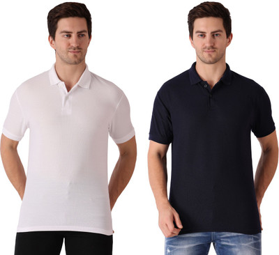 Maleno Solid Men Polo Neck Dark Blue, White T-Shirt
