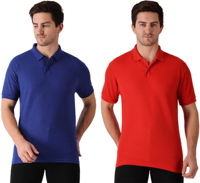 Maleno Solid Men Polo Neck Red, Blue T-Shirt
