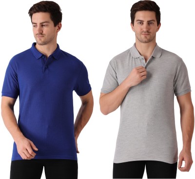 Maleno Solid Men Polo Neck Blue, Grey T-Shirt