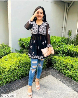 ESHACLOTHSTORE Casual Embroidered Women Black Top