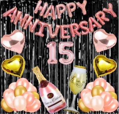 Jolly Party 15 No Rose Gold Foil Balloons with Happy Anniversary Decoration Items Set(Set of 56)