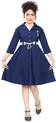 AJ FASHION PLUS Girls Midi/Knee Length Casual Dress(Dark Blue, 3/4 Sleeve)