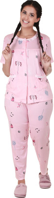 MUKHAKSH Kids Nightwear Girls Printed Cotton Blend(Pink Pack of 1)