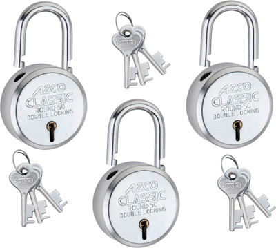 Azco Classic 50mm, 7 Levers,Double Lock with Silver Chrome Finish (combo Offer) 3 Padlock(Silver)