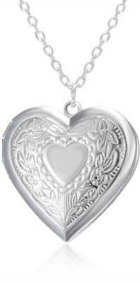 RVM Jewels Heart Shape Photo Frame Locket W/ Engraved Design Pendant Silver Plated Necklace Silver Alloy