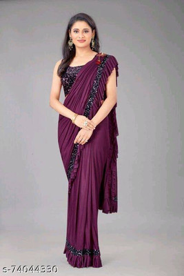 OMI IMPEX Solid/Plain Bollywood Lycra Blend Saree(Maroon)