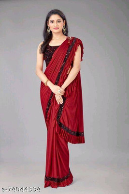 OMI IMPEX Solid/Plain Bollywood Lycra Blend Saree(Maroon)