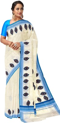 Southloom Printed Kasavu Pure Cotton Saree(Beige)