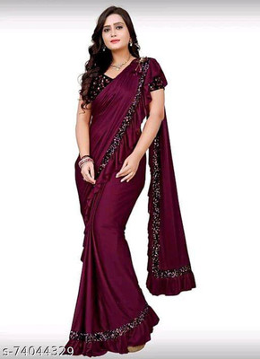 OMI IMPEX Solid/Plain Bollywood Lycra Blend Saree(Maroon)