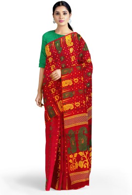 vromorkunjo Woven Jamdani Jacquard Saree(Red)