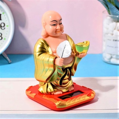 Elegant Lifestyle Solar Powered Waving Fan Lucky Man Wealth Happy Laughing Buddha Feng Shui Home Decorative Showpiece  -  10 cm(Plastic, Copper, Gold)