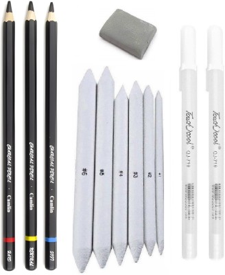 Definite 3Pc Camlin Charcoal Pencil, 2Pc White Pen, 6Pc Blending Stump & Kneadable Eraser