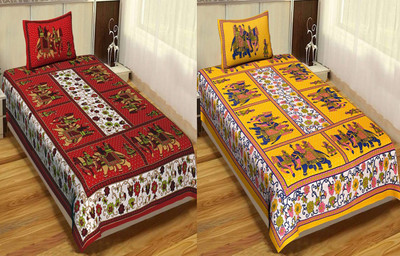 Jeevat 180 TC Cotton Single Printed Flat Bedsheet(Pack of 2, Multicolor)