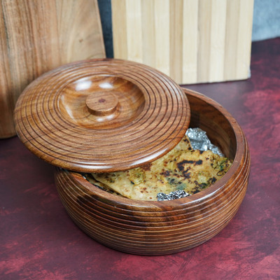 ADA Handicraft Premium Pakka Sheesham Wooden Chapati Box | Round Hot Pot Roti Dabba with Lid | Serve Casserole(500 ml)