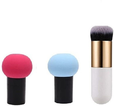 Lusty soul White Foundation Brush with 2 Sponge puff blender - (Pack of 3)(3 Items in the set)
