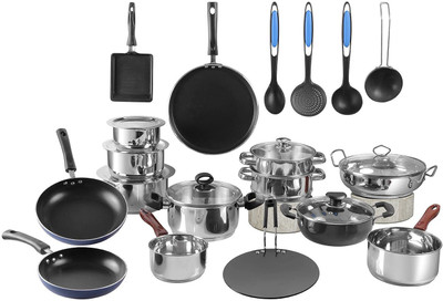 VINOD 25 Pcs Stainless Steel Cookware Set Induction Bottom Non-Stick Coated Cookware Set(Stainless Steel, PTFE (Non-stick), 1 - Piece)