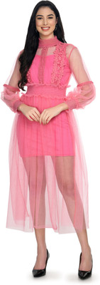 Beautylife Women A-line Pink Midi/Calf Length Dress