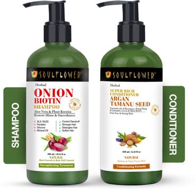 Soulflower Herbal Onion Biotin Shampoo & Super Rich Silicon Free Hair Conditioner made with the goodness of Rice Water, Plant Keratin