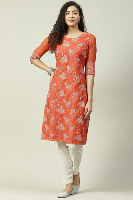 BIBA Women Printed Straight Kurta(Orange)
