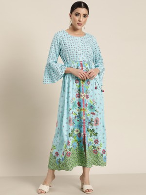 Juniper Women Printed A-line Kurta(Blue)