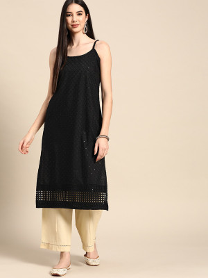 ANOUK Women Embroidered A-line Kurta(Black)