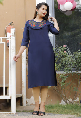 Mehsoos Women Embroidered Straight Kurta(Dark Blue)