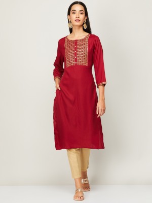 Melange by Lifestyle Women Embroidered Straight Kurta(Maroon)