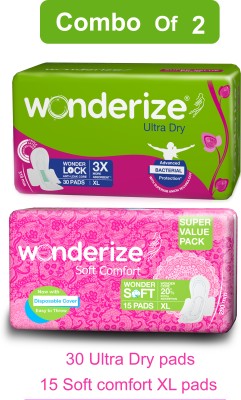 Wonderize Ultra Dry Anti Leak XL Sanitary Pads With 3X More Absorption(30 Pads) + Soft Comfort Regular Size Sanitary Napkins for Women(15 Pads) Sanitary Pad(Pack of 2)