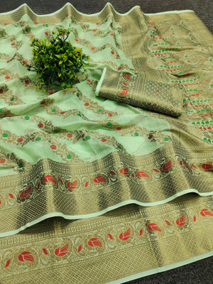Gold Art Fashion Woven Banarasi Cotton Silk, Jacquard Saree(Light Green)