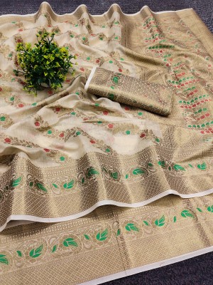 KRENIW Printed, Self Design, Woven, Floral Print Banarasi Jacquard, Cotton Silk Saree(Beige)