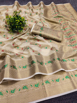 WEYLIN Self Design, Woven, Floral Print, Solid/Plain Banarasi Jacquard, Cotton Silk Saree(Beige)