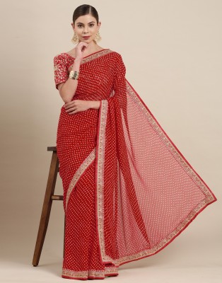 Satrani Printed, Geometric Print, Embellished Bollywood Georgette Saree(Red, White)