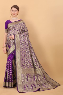 PHEASANT Paisley, Ombre, Temple Border, Embellished, Woven, Applique, Floral Print, Dyed Bollywood Pure Silk, Art Silk Saree(Purple)