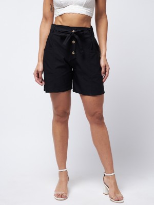 Purple Feather Solid Women Black Baggy Shorts