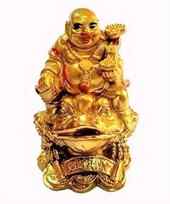 S A Gifts Sai Amrut Feng Shui Laughing Buddha with Money Frog On Bed Decorative Showpiece  -  6 cm(Polyresin, Gold)