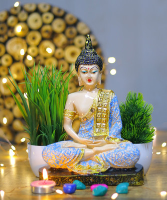 Flipkart Perfect Homes Beautiful Meditating Lord Buddha with Two Artificial Plant Decorative Showpiece  -  23 cm(Polyresin, Blue)