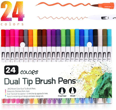 sabahz Dual Tip Brush Pens 24 Colors Brush dual tip Nib Sketch Pen(Multicolor)