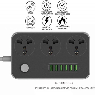 WunderVoX 6 USB Power Strip Extension Power Socket 3  Socket Extension Boards(Grey, White, 2 m, With USB Port)