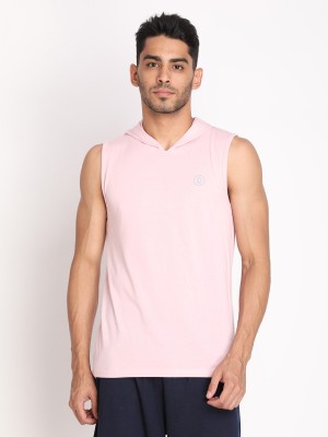 CHKOKKO Solid Men Hooded Neck Pink T-Shirt