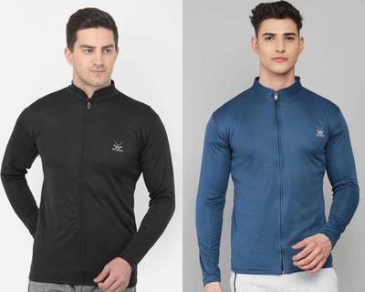 W Sports Solid Men Mandarin Collar Blue, Black T-Shirt