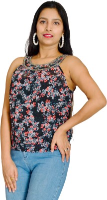 Preety World Casual Floral Print Women Black Top