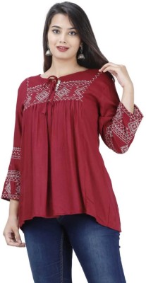 ANIERVPRB Casual Embroidered Women Red Top
