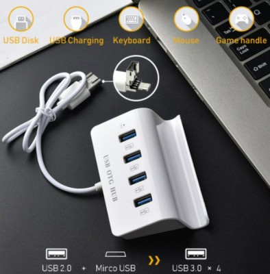 play run ™4 Port USB 3.0 OTG Micro USB Hub 480Mbps High Speed Splitter USB Hub for Windows Tablet Smartphone PC with Phone Holder Card Reader, USB Fan, USB Charger, USB Cable, USB Mouse(White)