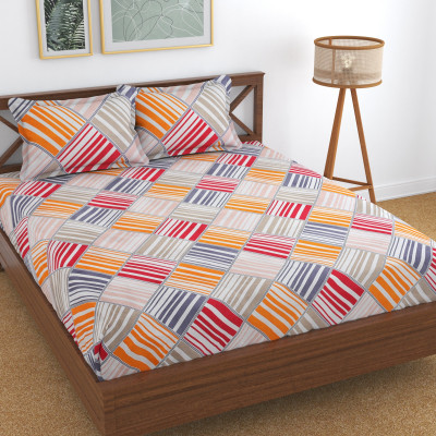 Homefab India 140 TC Microfiber Double Printed Flat Bedsheet(Pack of 1, White Orange)