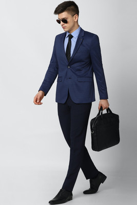 VAN HEUSEN Self Design Single Breasted Formal Men Blazer(Dark Blue)