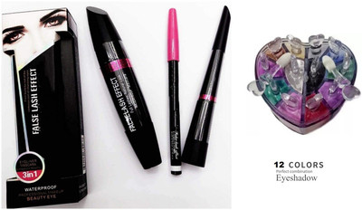 Lele Combo of Waterproof Eyeliner,Mascara, Eyebrow Pencil and 12 color eyeshadow shimmer Powder C-40(15 Items in the set)