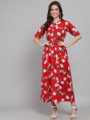FUNDAY FASHION Women A-line Red Maxi/Full Length Dress