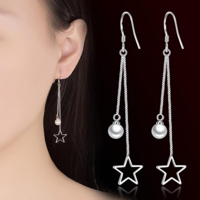 MYKI Dazzling Sterling Silver Hollow Star Pearl Dangle Earring For Women & Girls Swarovski Zirconia Sterling Silver Drops & Danglers
