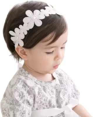 Ziory 1 pc Floral Lace Headband With Flower for Baby Girl, Kids baby hair accessories Head Band(White)